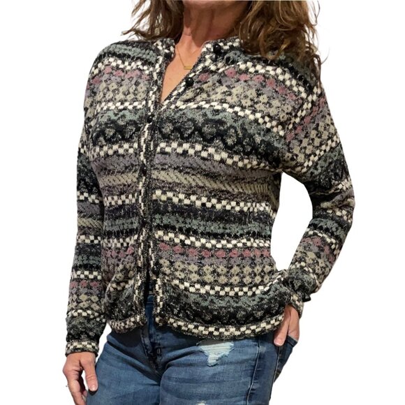Cody Grannycore Vintage Grey Patterned Knit Button Up Cardigan Small - Picture 2 of 8